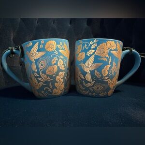 Dwell Studio Season of Fancy Pair Soft Touch Ombré Teal & Gold Hummingbird Mugs
